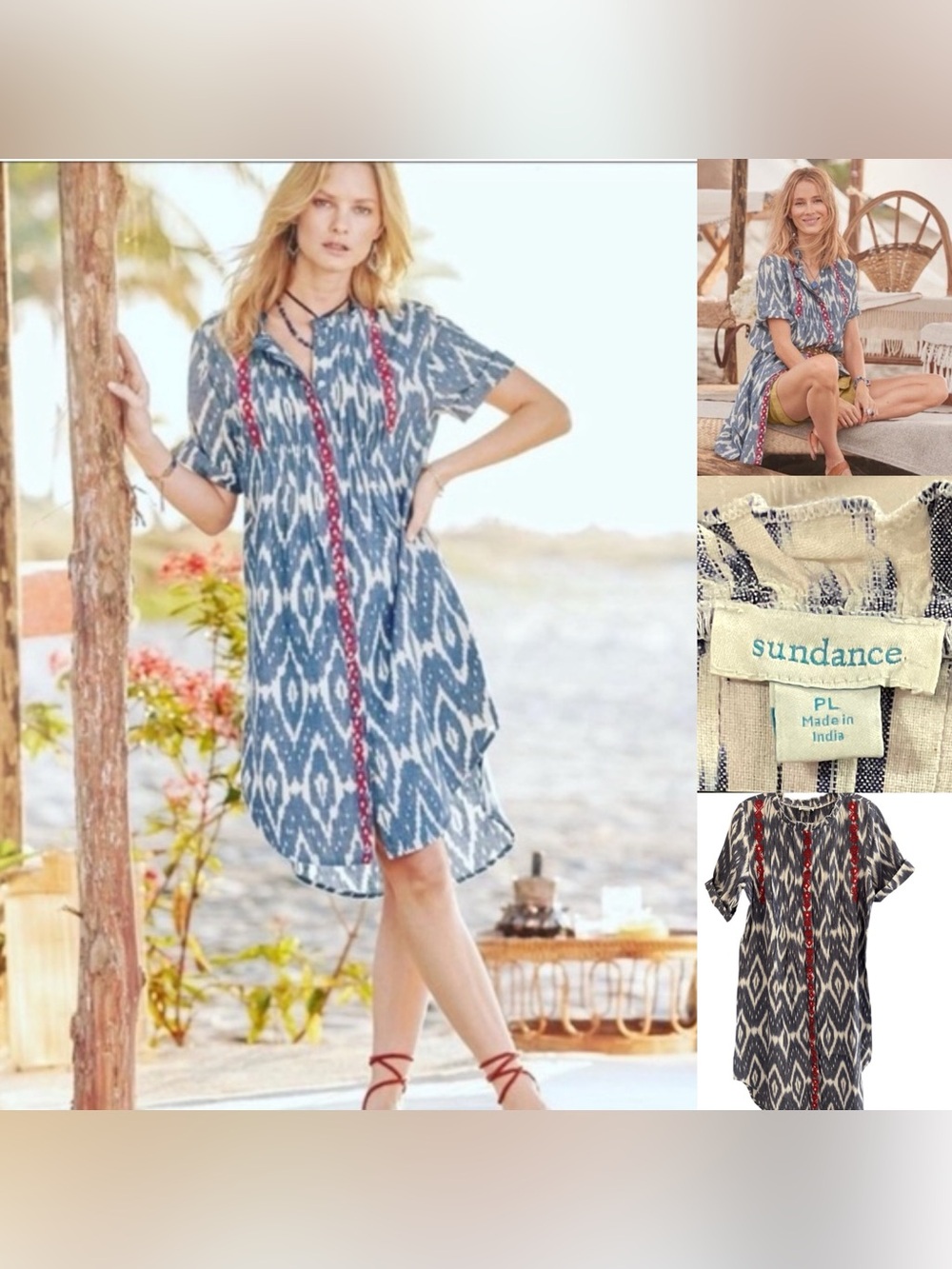 Sundance NWOT Isabel Ikat Shirt Dress With Embroidery Size PL Beach Boho Cotton